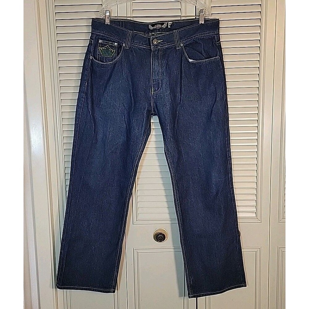 Vtg Y2K Old Skool Blue Denim Jeans Sz 40x31 Crown Embroidery Hiphop Skater Baggy
